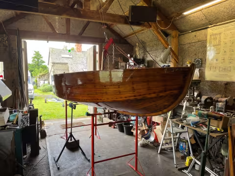 Hamble Star no.82 - built in 1949 - in Pete Smith's workshop. Hamble Star in Pete Smith's workshop